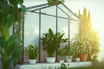 Deciduous exotic plants growing in greenhouse, Winter garden interior with potted flowers, botany concept, sunlight AI Generative