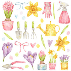 Spring watercolor set of gardening tools, plants, flowers. Illustrations for Mother's Day. Design elements for greeting card