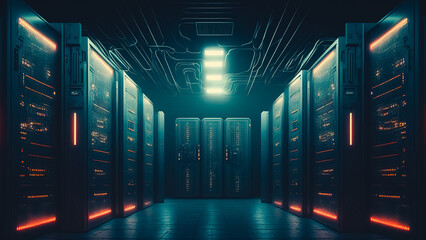 Server room with node base programming data design element. concept of big data storage and cloud computing technology.