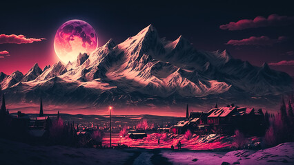 Fototapeta na wymiar The town at Sunset with a snowy mountain in the evening, purple sky