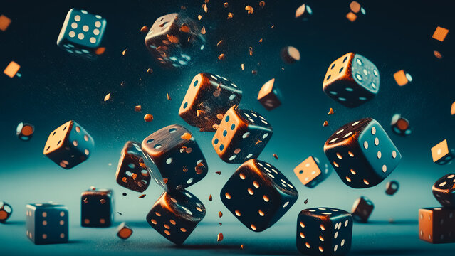 Throwing and rolling many wooden dice on a blue background