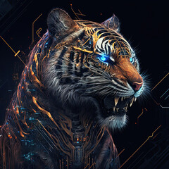 Fierce Tiger with Neon Eyes in Steampunk Cyberpunk Futuristic Illustration Style