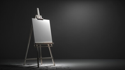 Artist easel with blank canvas at art gallery exhibition on dark background - obrazy, fototapety, plakaty