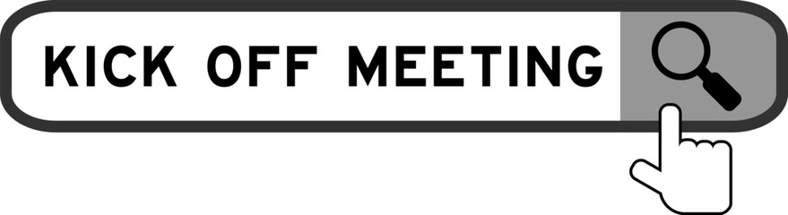 Search banner in word kick off meeting with hand over magnifier icon on white background