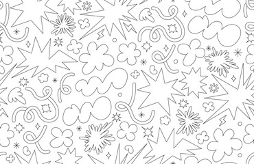Abstract cloud and flower shapes seamless pattern. Groovy funky flower, bubble, star, loop, waves in trendy retro 90s 00s cartoon style. Vector background with wavy and spiral elements.