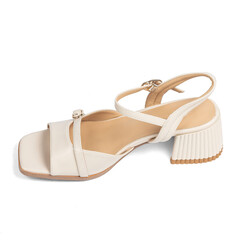 White Women's Leather Shoes Sandals with Low Thick Heels on White Background