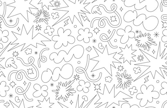 Abstract cloud and flower shapes seamless pattern. Groovy funky flower, bubble, star, loop, waves in trendy retro 90s 00s cartoon style. Vector background with wavy and spiral elements.