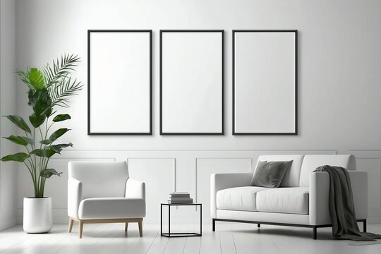Blank picture frame mock-up on white wall. Modern living room design. View of modern style interior with sofa. Three vertical templates for artwork, painting, photo or poster