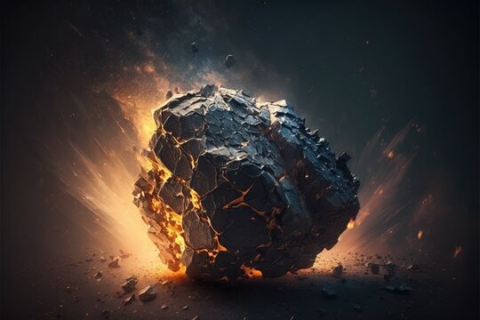 Falling hot smoking meteorite and debris on the surface. Generative AI illustration.