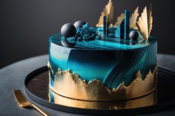 Modern blue cake with chocolate velor and isomalt decor, AI generated