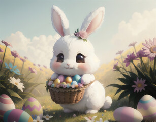 Cute white bunny with a wicker basket on a sunny meadow, Grass, flowers, Easter symbolism with Easter eggs, and Easter white Rabbit generative ai.