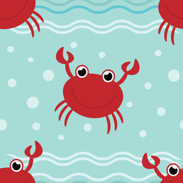 Vector seamless pattern with red crabs characters, sea waves and air bubbles in cartoon style