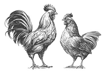 Fototapeta na wymiar Chicken hen and rooster. Poultry farm, animals. Generative AI. Hand drawn sketch vintage illustration