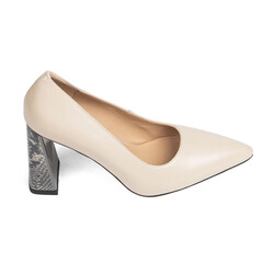 Beige Women's Business Comfortable Leather Office Shoes with Wide Heel with Sharp toe on White Background