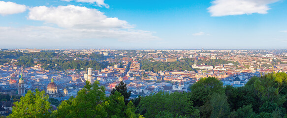 Morning Lviv City (Ukraine) panorama from "High Castle" Hill