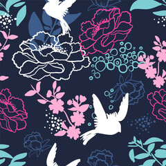 Vector seamless pattern with birds and flowers. Stylish graphic design for girls. Cute print