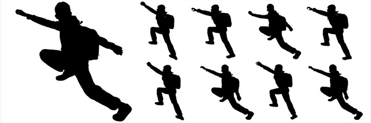 Climbing climb. Sport. A teenager with a backpack behind his back climbs up. Sideways. Boy going up on a slope. The traveler goes to the mountains with a backpack. Black silhouette isolated on white
