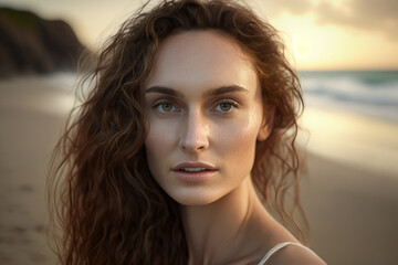 Young brunette woman portrait on a beach, twilight time, made with generative AI