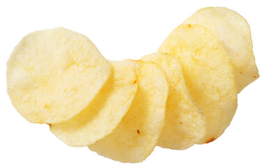 Potato chips isolated on white background, top view.