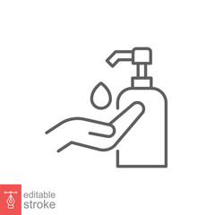 Hand sanitizer icon, line style. Washing hand with sanitizer liquid soap. Vector illustration. Design on white background. Editable stroke EPS 10.
