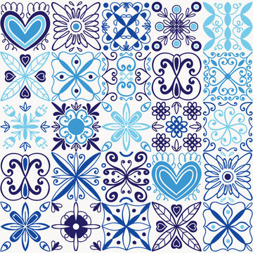 Blue tile ornament. Hand drawn curve and floral mosaic. Mediterranean or arabic ceramic. Blue and white colors, print for textile, wrapping paper, oriental decor tilework vector illustration
