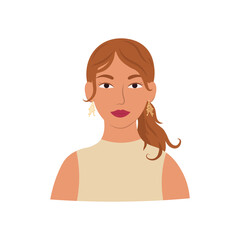 Portrait of a cute woman, with a stylish hairstyle, accessories and a smile. Modern female avatar on a white background. Flat vector illustration.