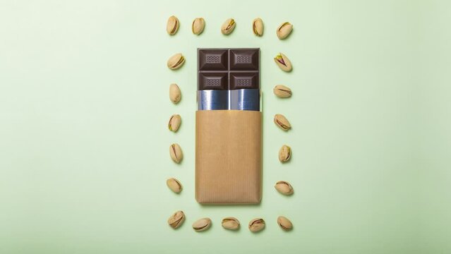Mockup of a delicious handmade dark chocolate bar, on green background, surrounded by dancing and moving pistachio nuts
