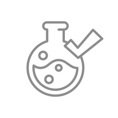 Test tube and checkmark line vector icon. Lab flask, chemistry glassware and tick symbol.