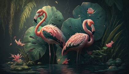 Flamingos birds. Two Pink flamingo in lake or pond in tropical garden. Pair Pink flamingo on a green tropical leaves background. Generative ai illustration