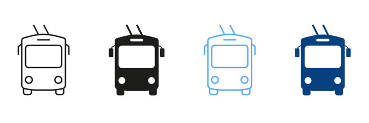 Trolley Bus Line And Silhouette Color Icon Set. Trolley Bus in Front View Pictogram. Urban Electric Public Transportation Outline And Solid Symbols Collection. Isolated Vector Illustration