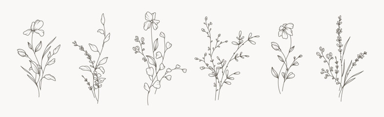 Minimal drawn floral botanical line art. Bouquets. Trendy elements of wild and garden plants, branches, leaves, flowers, herbs. Vector illustration for logo or tattoo, invitation, save the date, card