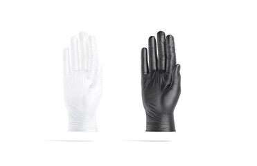 Obraz premium Blank black and white rubber gloves palm mockup, side view