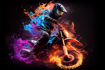 Plakat A Motocross Rider Riding A Motocross Bike Burning On Fire Of Different Colors. Generative AI