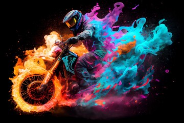 A Motocross Rider Riding A Motocross Bike Burning On Fire Of Different Colors. Generative AI