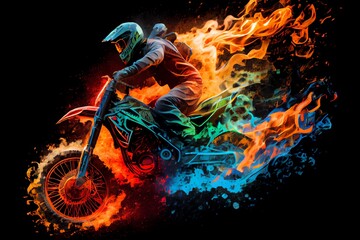 A Motocross Rider Riding A Motocross Bike Burning On Fire Of Different Colors. Generative AI