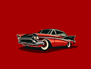 Cartoon retro car on a red background. Vector illustration