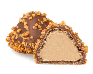 Luxury artisan waffle candy in chocolate with filling isolated on the white