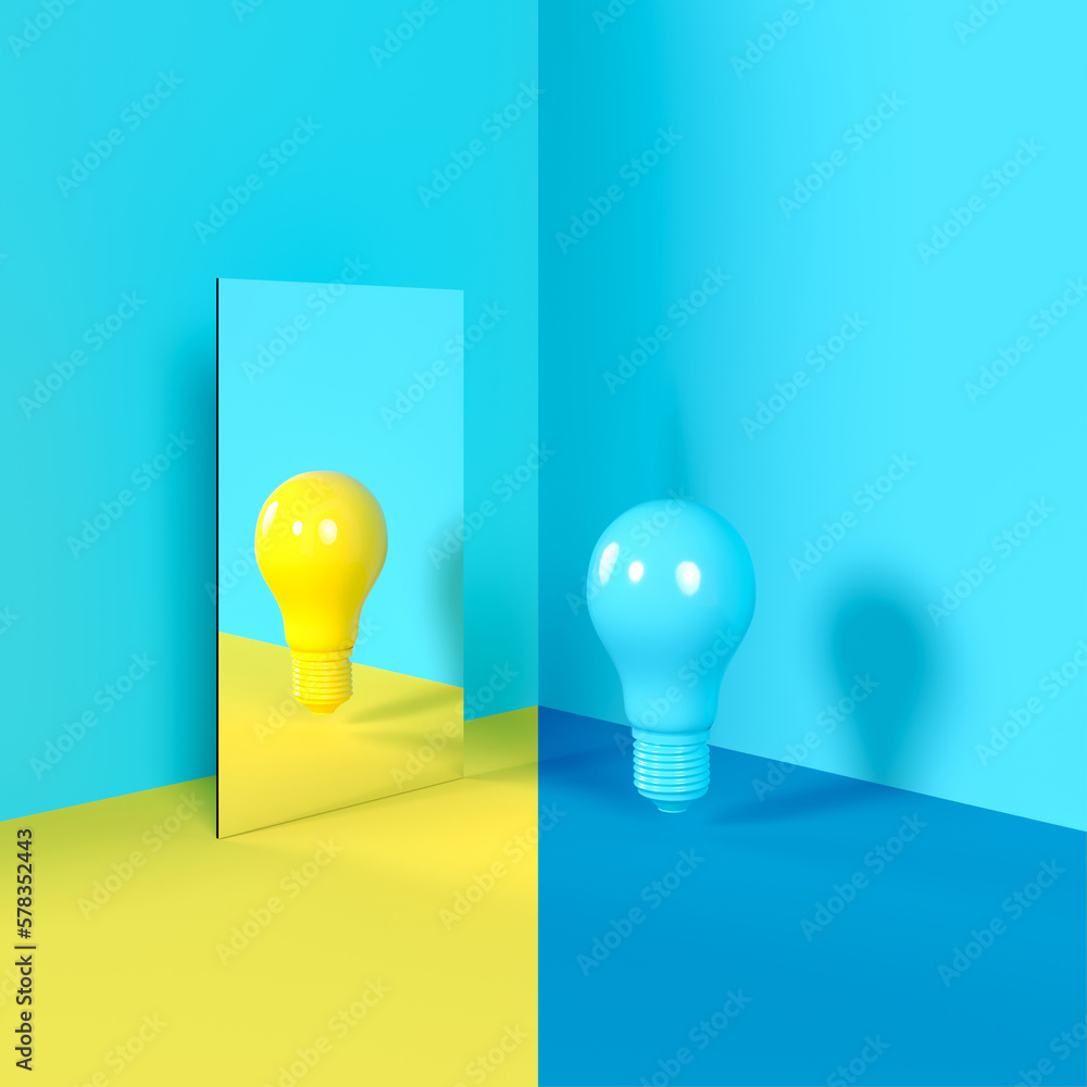 Poster yellow color light bulb idea concept reflection contrast on mirror put on blue corner isolate room s