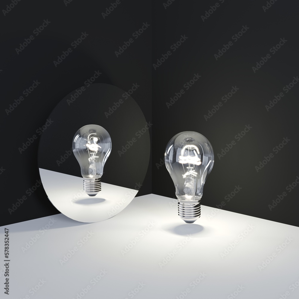 Poster light bulb idea concept reflection on mirror put on black and white corner isolate room studio. 3d r