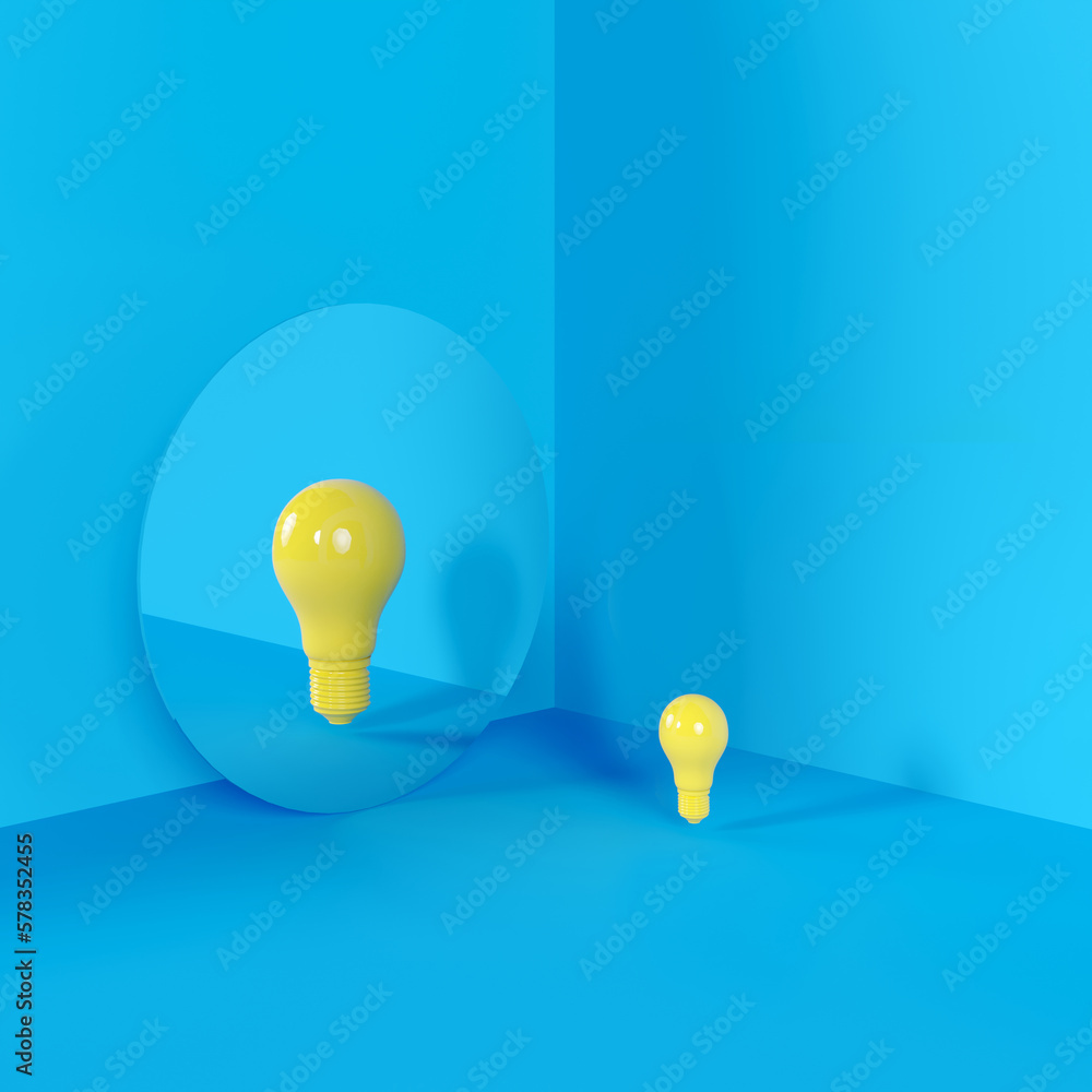 Poster yellow color light bulb idea concept reflection contrast size on mirror put on blue corner isolate r