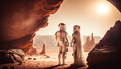 2 soulmates in astronaut suits on Mars getting married. Generative Ai