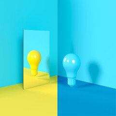 Yellow color light bulb idea concept reflection Contrast on mirror put on blue corner isolate room studio. 3D Rendering minimal concept idea.
- 578352443