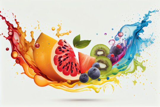 Colorful Juice Splash With Fruits Slices. Multifruits Drink Wave. Isolated Design Element On The white Background. Generative AI
