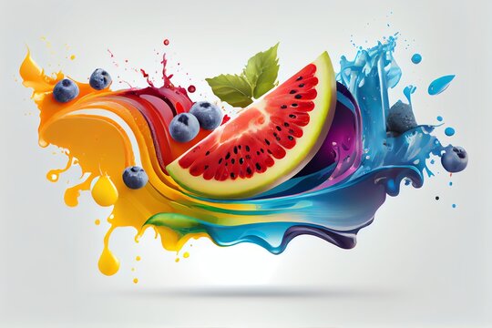 Colorful Juice Splash With Fruits Slices. Multifruits Drink Wave. Isolated Design Element On The white Background. Generative AI