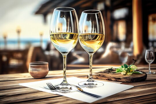 Couple Glassess Of The Champagne Or White Wine Are Placed On Wooden Table In Restaurant Background. Image. Generative AI