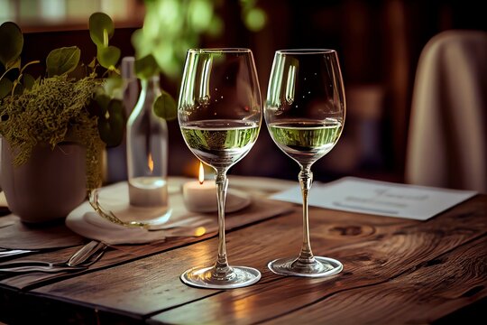 Couple Glassess Of The Champagne Or White Wine Are Placed On Wooden Table In Restaurant Background. Image. Generative AI