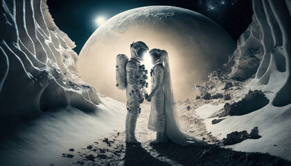 2 soulmates in astronaut suits on the surface of an unknown planet getting married. Generative Ai