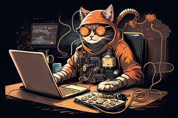 Hacker Cat Working Job Profession Illustration. Generative AI