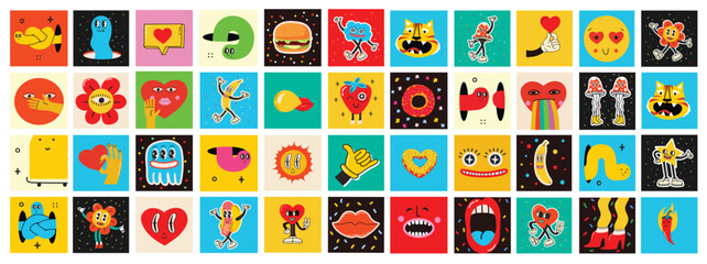 70's groovy square posters, cards or stickers. Retro print with hippie cute colorful funky character concepts of crazy geometric, dripping emoticon. Only good vibes sentence