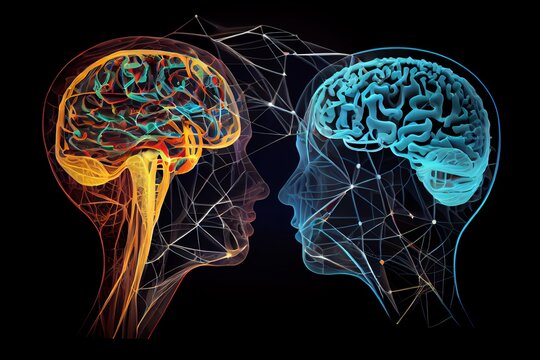 Human Heads And Brain. Comunication Concept. Neurological Connections Between Two Human Brains. Generative AI